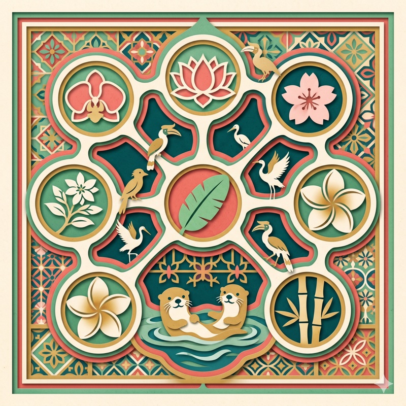 Paper-cut artwork of interconnected Asian flowers, birds, and otters symbolizing regional collaboration