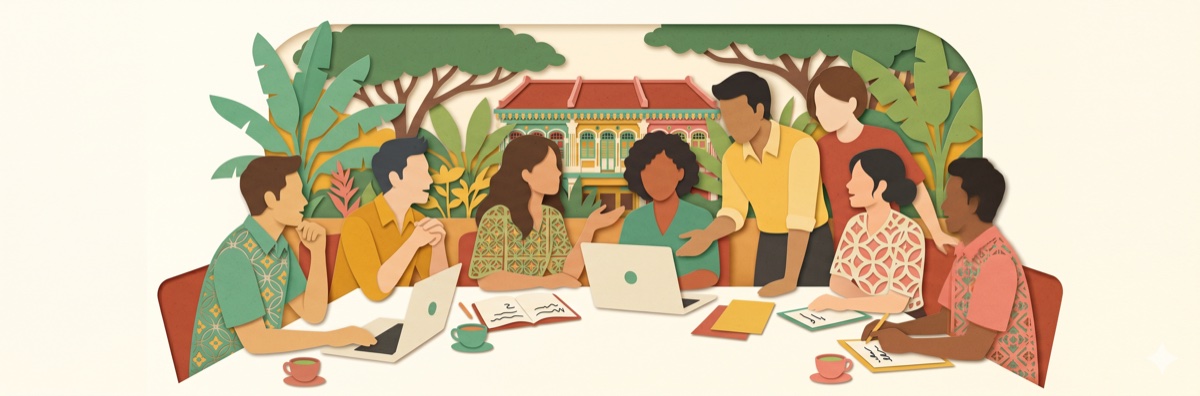 Paper-cut illustration of researchers collaborating around a table