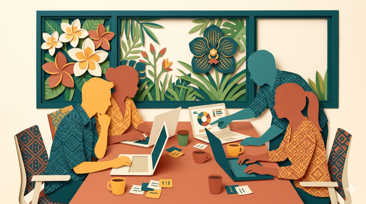 Paper-cut illustration of researchers working together on laptops