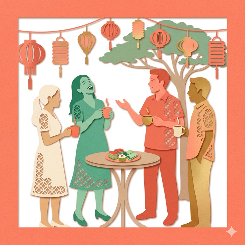 Paper-cut illustration of a tea break with lanterns and kueh